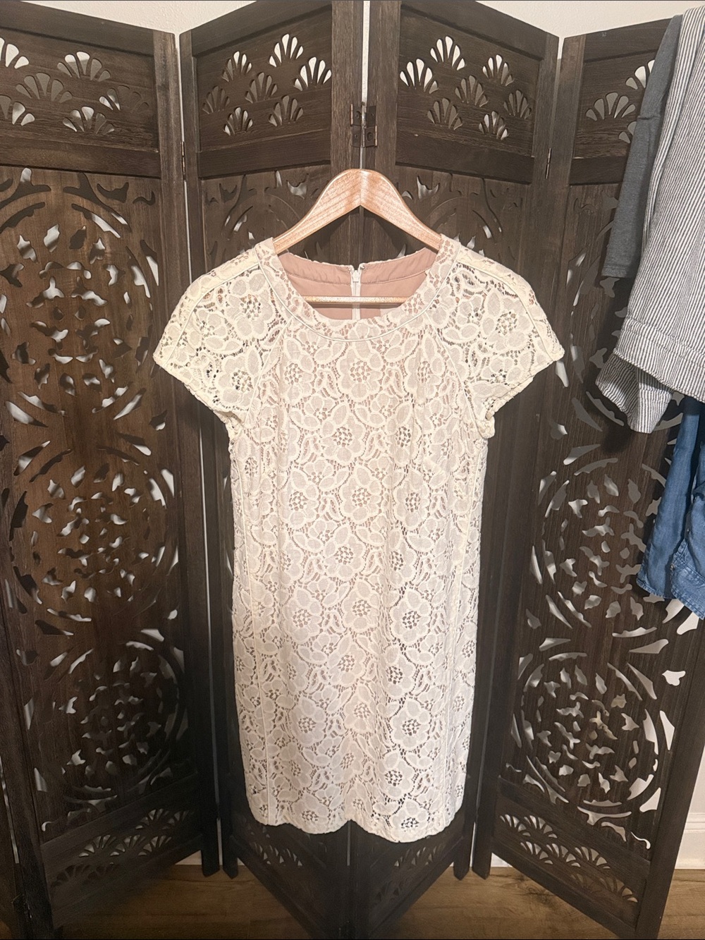 LOFT Cream Floral Lace Short-Sleeve Shift Dress